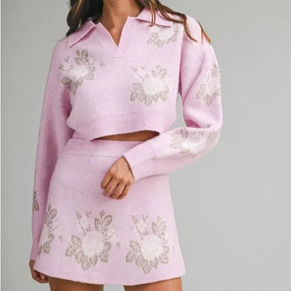 Pink Floral Jacquard Crop Sweater And Skirt Set - Picture 3 of 16